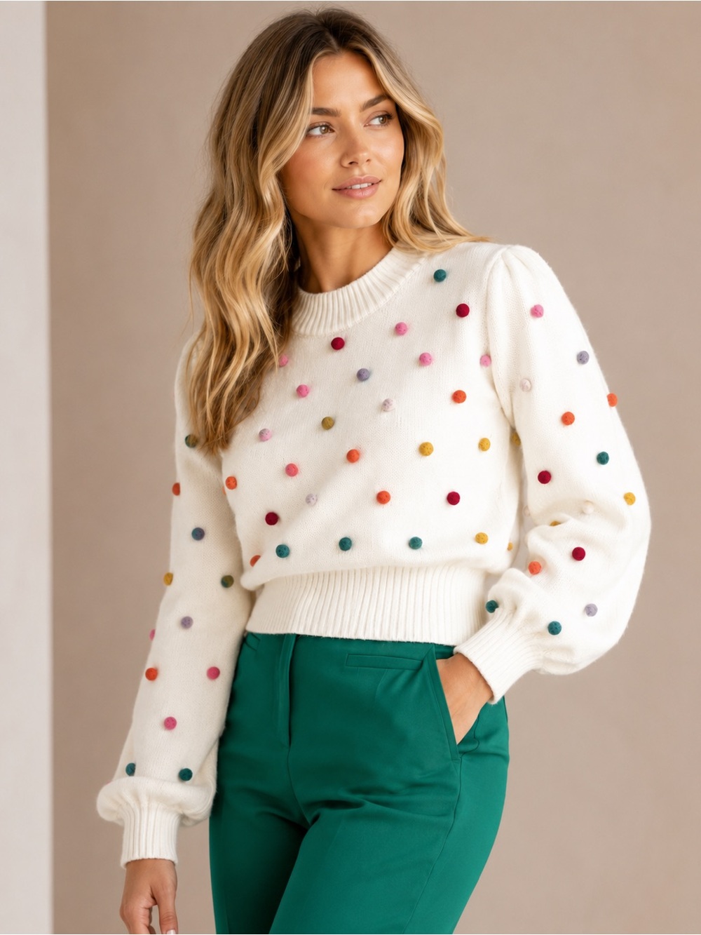 NEW! AVARA Karla Pom Pom Sweater
Ivory Multicolor Bobble Knit Puff Sleeve XL